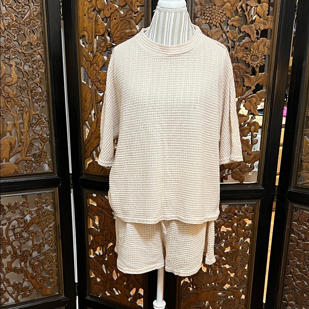 Waffle Knit Short Sleeve Pajama Set - Cream
